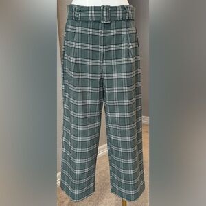 1. State Green Plaid Belted Cropped Wide Leg Trousers Pants w/ Pockets
